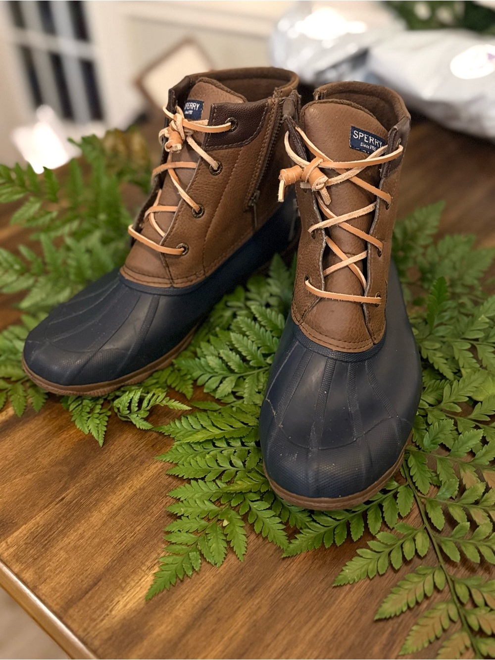 Sperry Brown Leather and Navy Rubber Lace-Up Women's Boots
